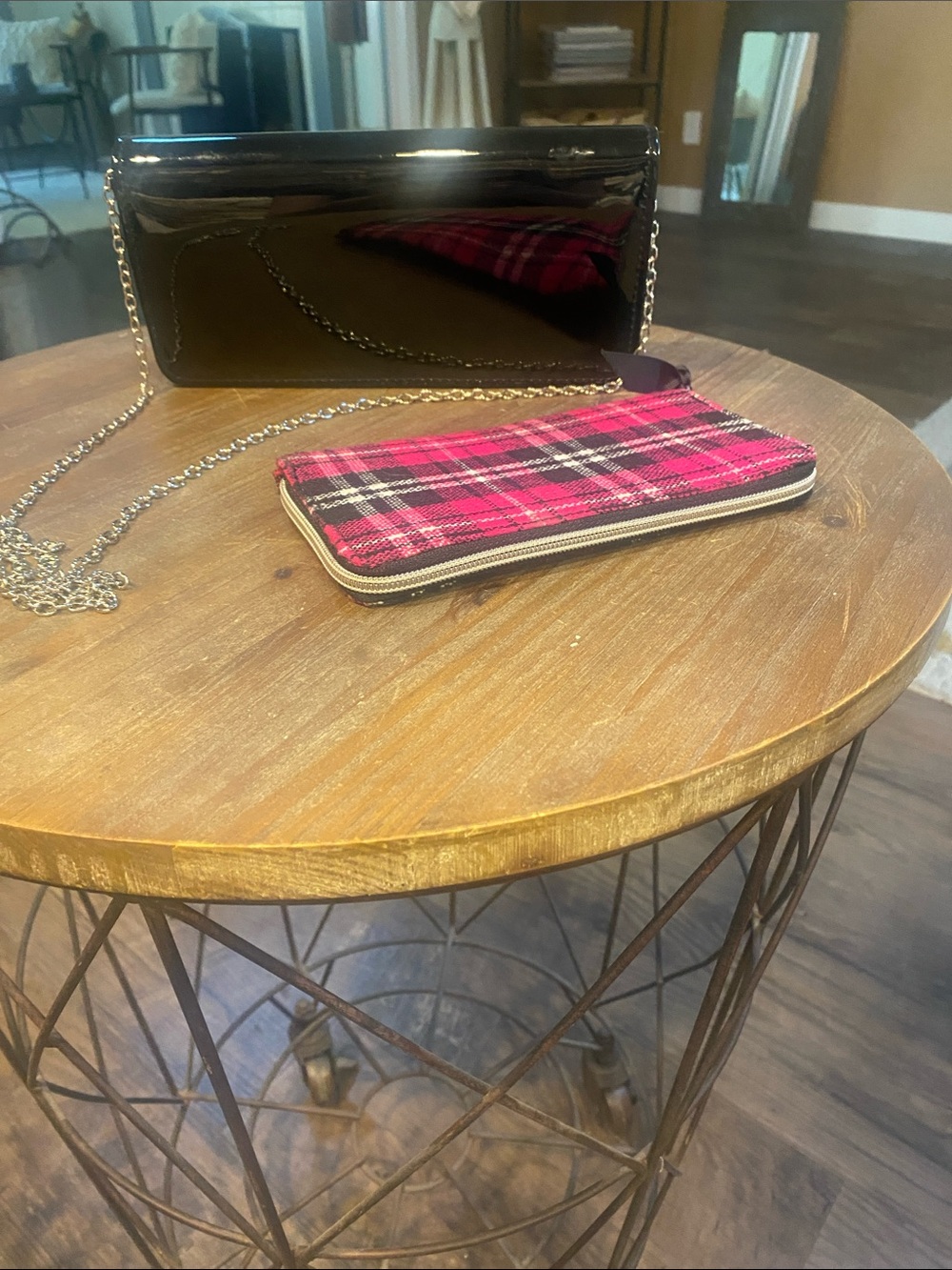Patent black crossbody and hot pink wool zipper wallet